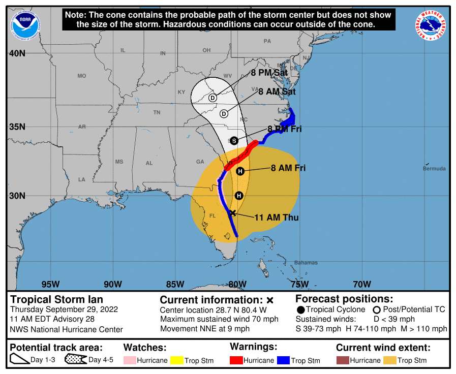 Hurricane Ian forecast cone showing the probable path of the storm center, updated 11 a.m. EDT September 29, 2022.