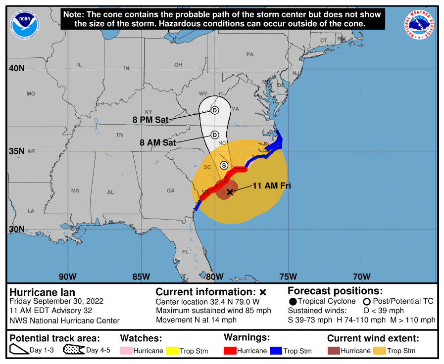 Hurricane Ian forecast cone showing the probable path of the storm center, updated 11 a.m. EDT September 30, 2022.